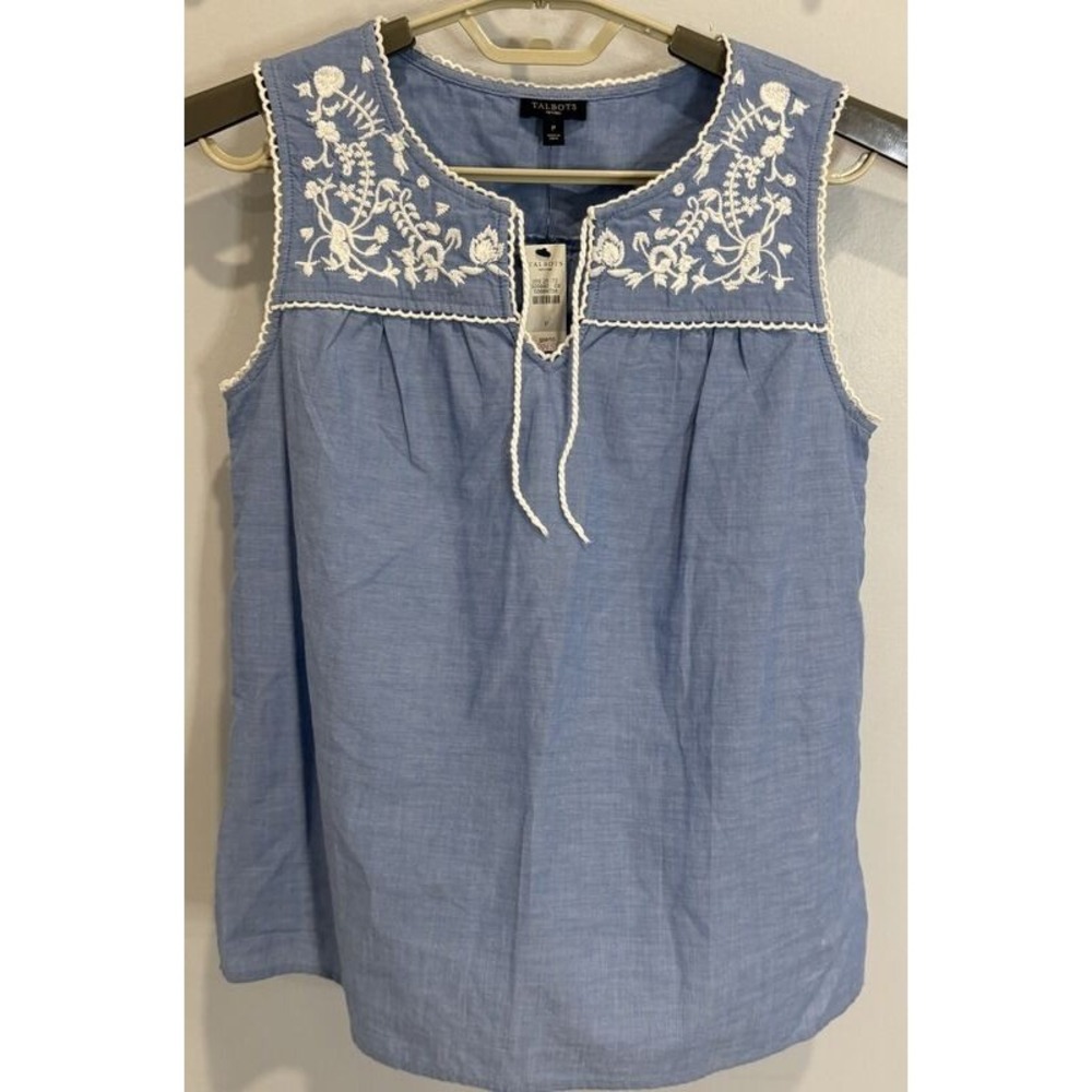 Talbots Petites Blue Chambray Embroidered Sleeveless Top Tie New Size P S